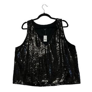Ann Taylor Sequin Sleeveless V-Neck Top NWT Womens Sz XL Black Shimmer Bold Glam